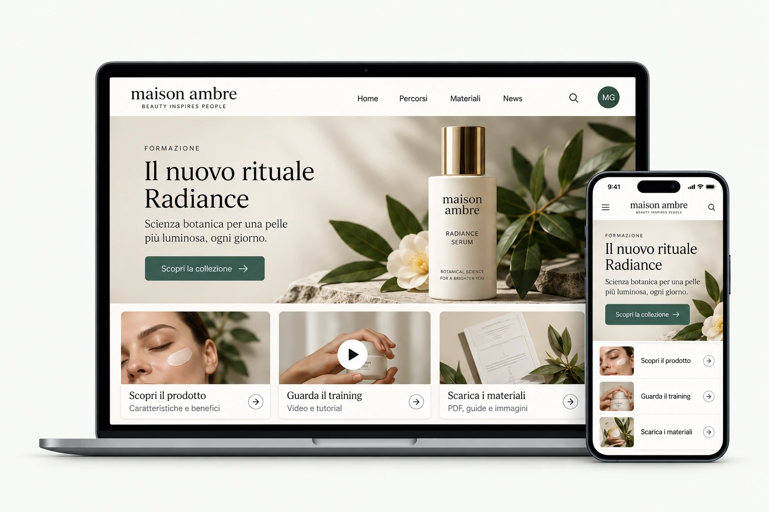 Academy Maison Ambre su computer e smartphone, con il rituale Radiance e i materiali per la rete vendita