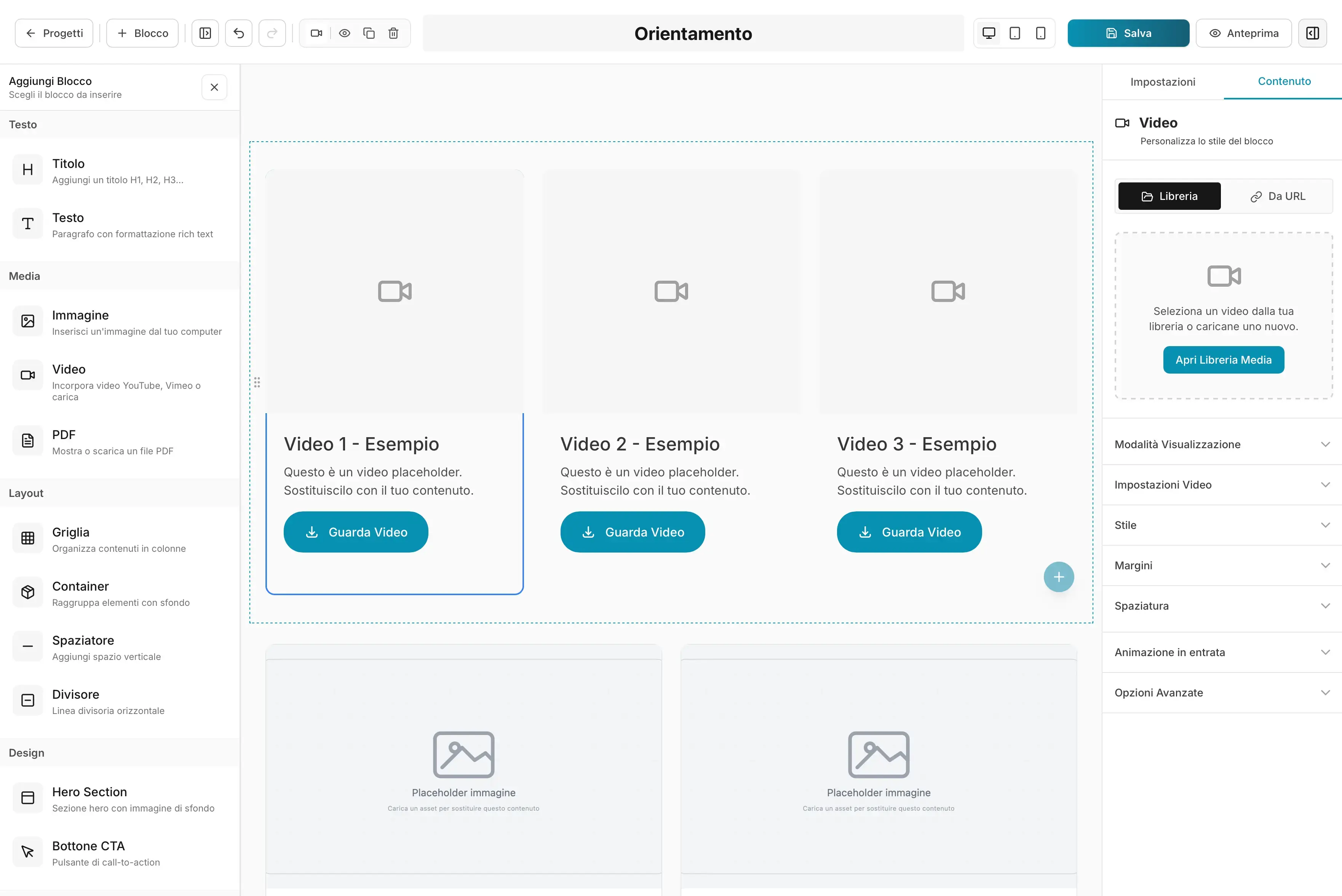 Page builder dell'hub Tableda